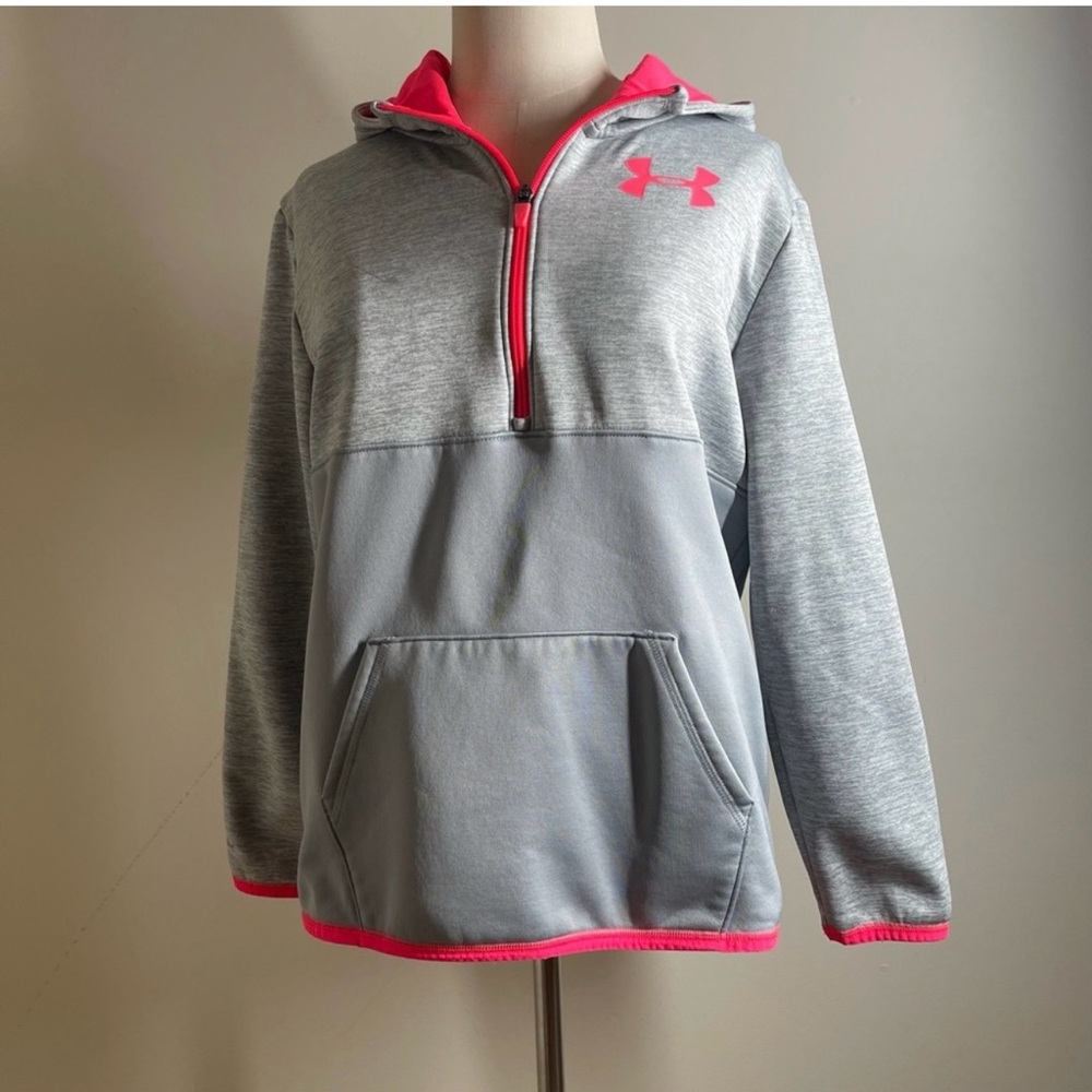 Under Armour Girl’s Grey Pink- SZ XL -1/2 Zip Hooded Sweatshirt Pockets